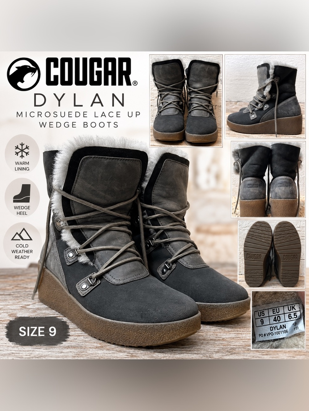 COUGAR Dylan Microsuede Lace-Up Wedge Boots Women’s Size 9